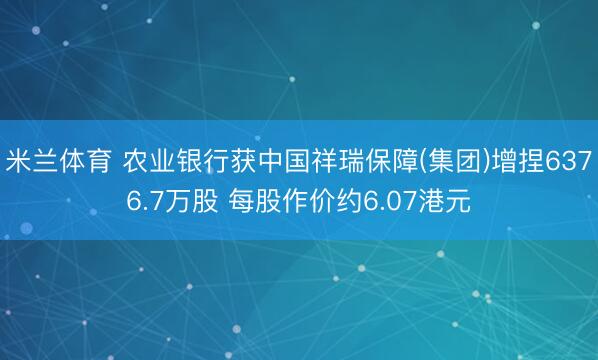 米兰体育 农业银行获中国祥瑞保障(集团)增捏6376.7万股 每股作价约6.07港元